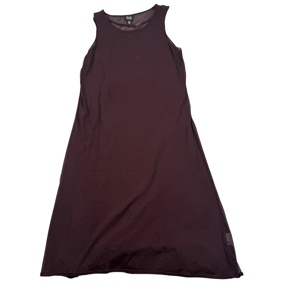 Eileen Fisher Dress Set Womens Medium Plum Sheer Mesh Silk Slip 2pc Layered